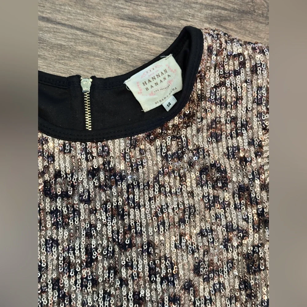 NWOT Hannah Banana Girls 14 Leopard Sequin Puff Sleeve Dress